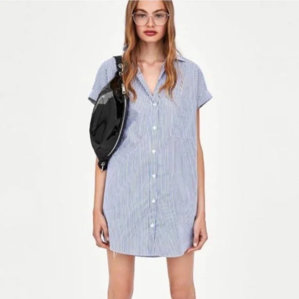 Zara Striped Linen Button Down Swim Cover-Up Blue White size Medium